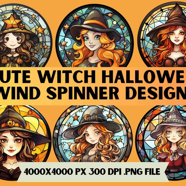 Witch Stained Glass Sublimation Png Bundle,Halloween design Round wind Spinner Png,Wind Spinner Sublimation Design,Witchy Spinner Sub Design