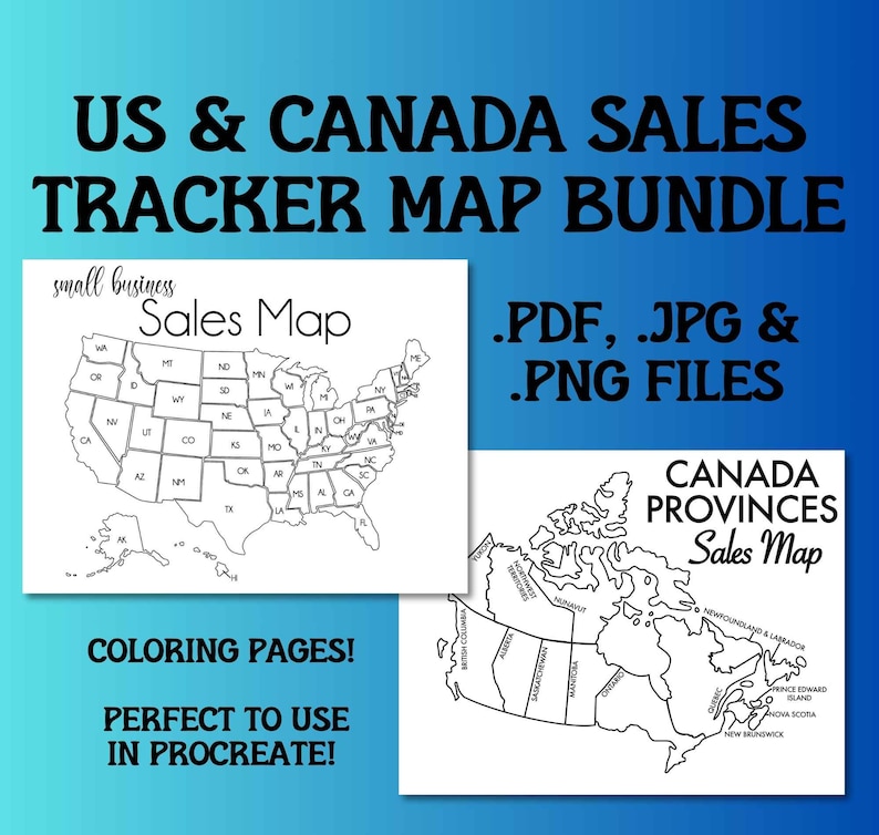 USA Canada Sales Map Bundle Small Business Sales Tracker Etsy Order map instant download Procreate Sales Map Printable Sales Tracker Goal image 1