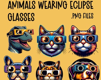 Solar Eclipse Animals Clip art Bundle PNG Cute Animal Instant Download ClipArt Sublimation Print on demand Junk journal Scrapbook mug design