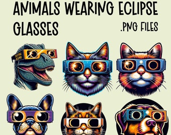 Solar Eclipse Animals Clip art Bundle PNG Cute Animal Instant Download ClipArt Sublimation Print on demand Junk journal Scrapbook mug design