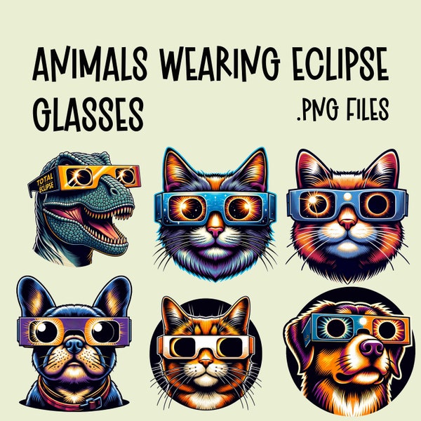 Solar Eclipse Animals Clip art Bundle PNG Cute Animal Instant Download ClipArt Sublimation Print on demand Junk journal Scrapbook mug design