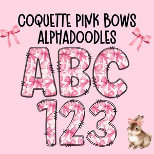 Paquete de letras Alphadoodle con lazos rosas, números de doodle coquetos, diseño de sublimación digital, impresión a pedido, letras suaves de canela para niña