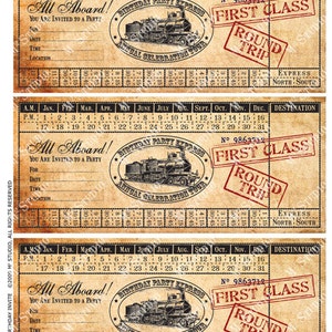 Pu&ograve; includere: Un invito a una festa di compleanno su un biglietto del treno vintage con sfondo marrone e testo rosso. Il biglietto dice "All Aboard!" e "Birthday Party Express." Il biglietto ha anche un timbro rosso che dice "First Class" e "Round Trip."