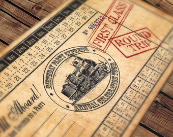 Invito di compleanno personalizzato per biglietto del treno vintage stampabile