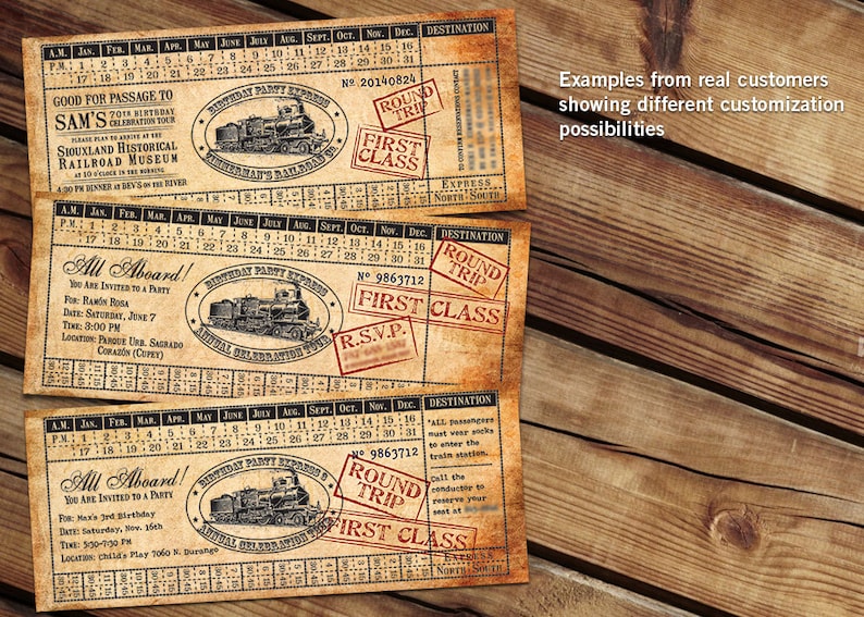 CUSTOMIZED Printable Vintage Train Ticket Birthday Invitation image 3