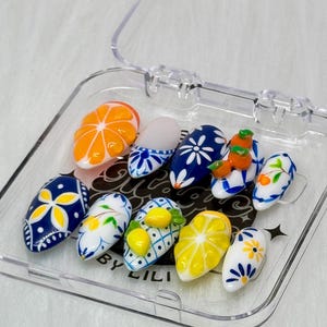 Mediterranean Citrus Dreams– Hand-Painted Lemon & Tile-Inspired Press-On Nails