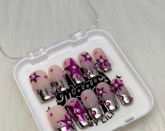 Pink Star Chrome Press On Nails: 3D Kawaii Y2K Nail Art