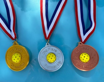 Pickleball Award Medals Set - Gold, Silver, Bronze with Ribbon.