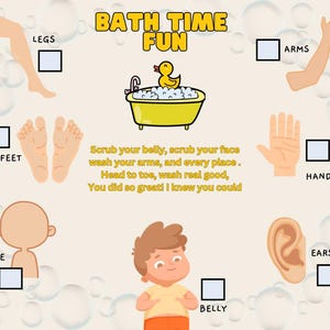 May include: An educational poster with the words "BATH TIME FUN" and illustrations of body parts. Features a yellow bathtub with a rubber duck and a poem about washing, in a playful design.