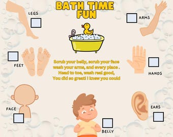 May include: A colorful educational poster with the text "BATH TIME FUN" and illustrations of body parts. Includes a yellow bathtub with a rubber duck and a poem about washing.