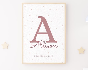 Impresión de nombre e inicial floral personalizada estilo boho / Impresión de nombre personalizable / Habitación de bebé niña / Plantilla editable / Arte de pared con letras