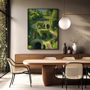 A digital painting of the Hanging Gardens of Babylon, elegantly framed and displayed in a modern dining room, blending ancient wonder with contemporary interior design.