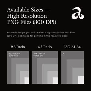 Digital guide displaying available print sizes for high-resolution PNG artwork (300 DPI), including A1, 2:3 ratio (60×90 cm), and 4:5 ratio (60×75 cm), optimized for professional printing.