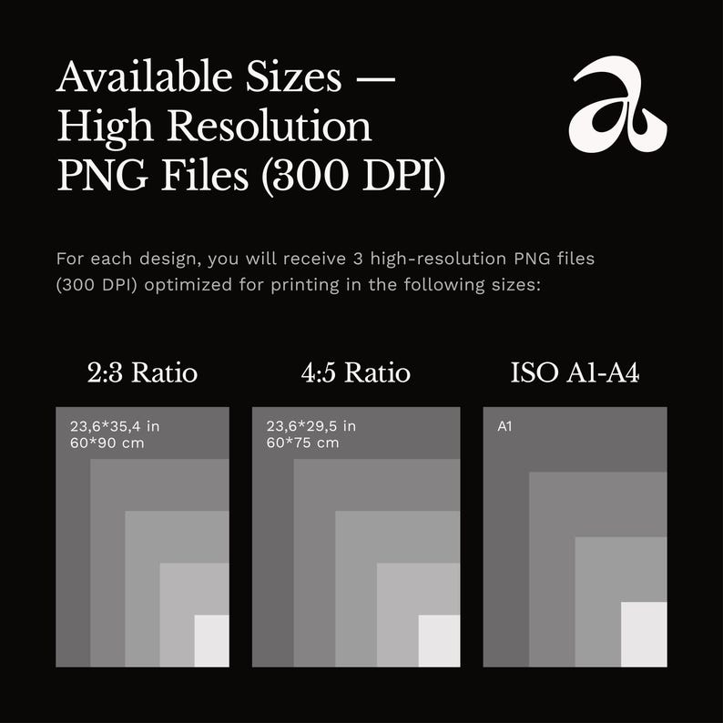 Digital guide displaying available print sizes for high-resolution PNG artwork (300 DPI), including A1, 2:3 ratio (60×90 cm), and 4:5 ratio (60×75 cm), optimized for professional printing.