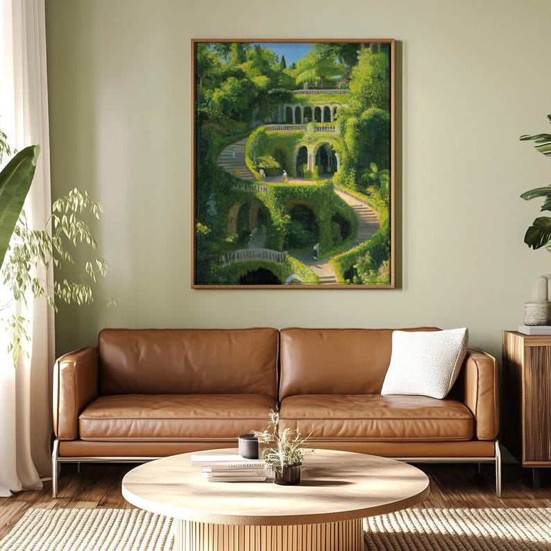 A digital painting of the Hanging Gardens of Babylon, framed and displayed in a warm-toned living room, creating a serene and historical ambiance.