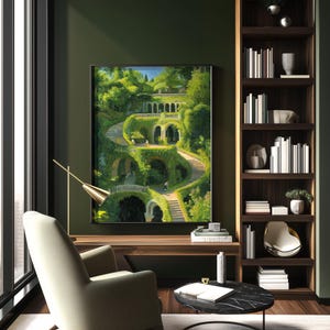Framed digital painting of the Hanging Gardens of Babylon, depicting cascading terraces covered in lush greenery, displayed in a stylish reading corner with dark green walls and wooden shelves.

A serene and lush depiction of the Hanging Gardens of Babylon on a framed digital artwork, beautifully placed in a modern reading corner with warm natural light streaming through large windows.