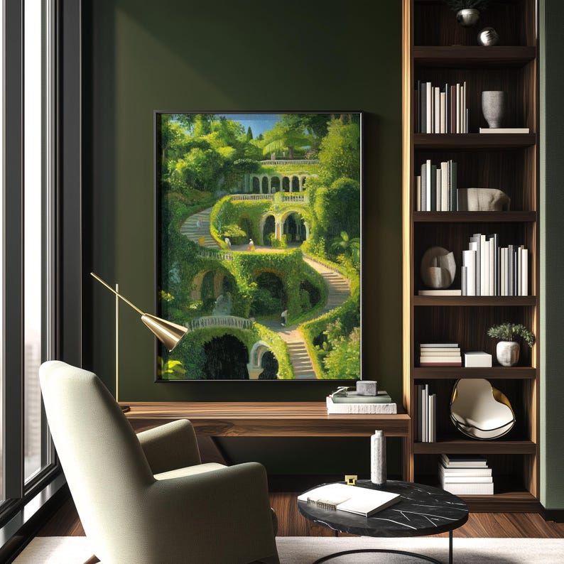 Framed digital painting of the Hanging Gardens of Babylon, depicting cascading terraces covered in lush greenery, displayed in a stylish reading corner with dark green walls and wooden shelves.

A serene and lush depiction of the Hanging Gardens of Babylon on a framed digital artwork, beautifully placed in a modern reading corner with warm natural light streaming through large windows.