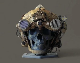May include: A detailed, steampunk-style skull sculpture with a tactical helmet. The helmet features night vision goggles, a microphone, and various attachments. The skull is blue, and the helmet is tan and metallic.