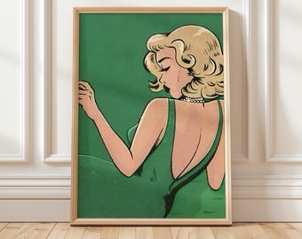 Retro Pin-Up Poster Featuring a Vintage Blonde Bombshell in Green, Comic Style Poster, Perfect for Bedroom Decor