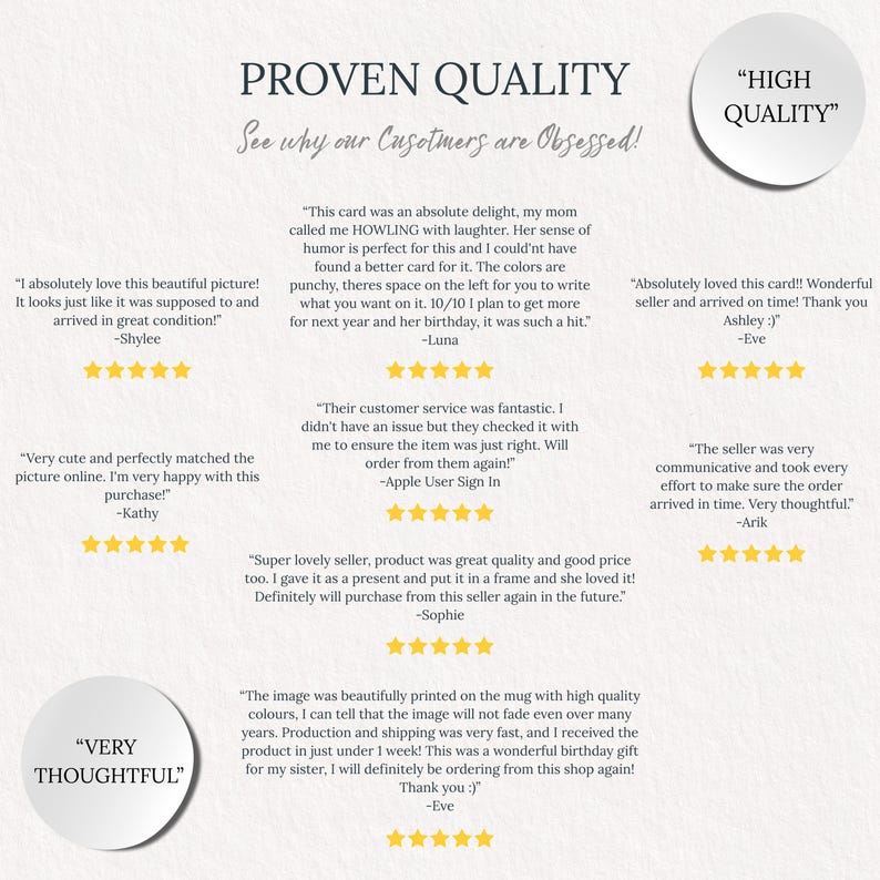 May include: A cream-colored background with customer reviews and the words "PROVEN QUALITY" and "HIGH QUALITY." The reviews mention product quality, customer service, and fast shipping. The text "VERY THOUGHTFUL" is also visible.