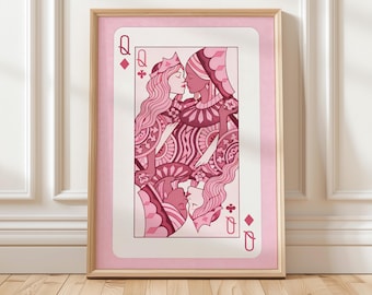 Kissing Queen of Diamonds Poster | Pink Playing Card Art | Romantic Lesbian Wall Art | Modern Graphic Decor