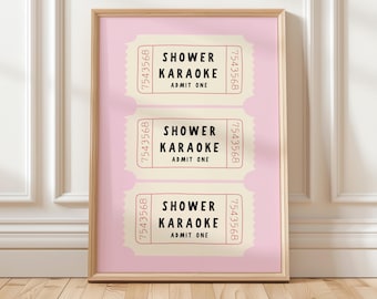 Shower Karaoke Retro Ticket Poster Print | Wall Art, Home Decor, Room Decoration, Gift for Music Lover, Shower Singing, Vintage, Pink