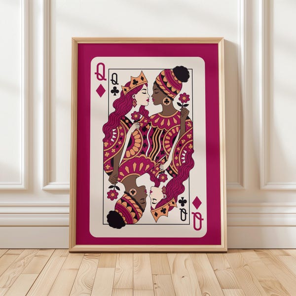 Queen of Hearts Lesbian Wall Art | LGBTQ+ Love Print for Two Queens | Queer Valentines Decor | Lesbian Couple Wall Print Gift