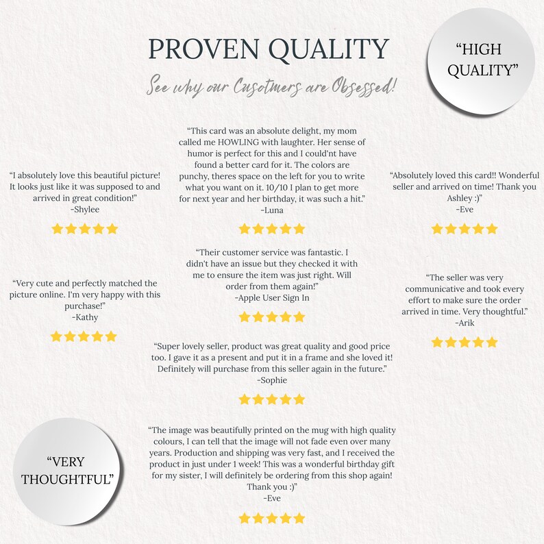 Puede incluir: Un fondo crema con rese&ntilde;as de clientes y las palabras "PROVEN QUALITY" y "HIGH QUALITY." Las rese&ntilde;as mencionan la calidad del producto, el servicio al cliente y el env&iacute;o r&aacute;pido. El texto "VERY THOUGHTFUL" tambi&eacute;n es visible.