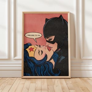 Retro Comic Femme Fatale Kiss Poster | Vintage Pop Art Romance Print | Bold Graphic Wall Art | LGBTQ Retro Illustration