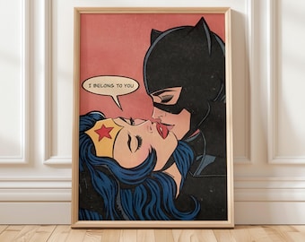 レトロコミック「ファム・ファタール」キスポスター｜ヴィンテージポップアートロマンスプリント｜大胆なグラフィックウォールアート｜LGBTQレトロイラスト