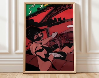 ヴィンテージグラマーカープリント - レトロな女性運転ポスター、クラシックで魅力的な女性用ウォールアート、ギフト、ロールプリントホームデコレーション