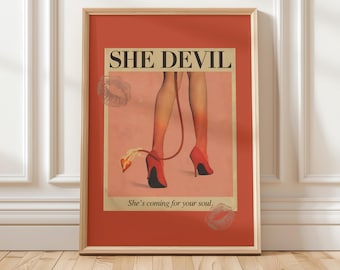 Retro 80s Femme Fatale Art - She Devil Bold Feminist Decor, Fiery Statement Piece, Vintage Wall Art