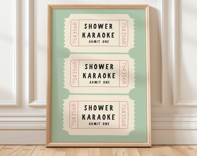 Shower Karaoke Ticket Poster: Retro Music Lover Wall Art Sage Green