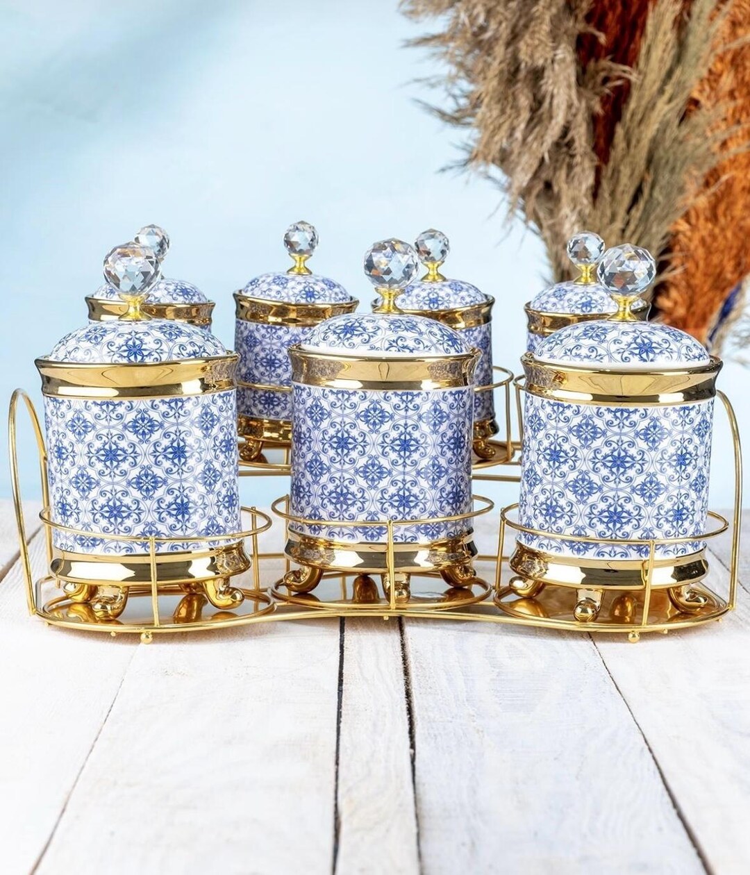 Ethnic Kitchen Decor: 7 Pcs Porcelain Spice Set With Metal Stand ...