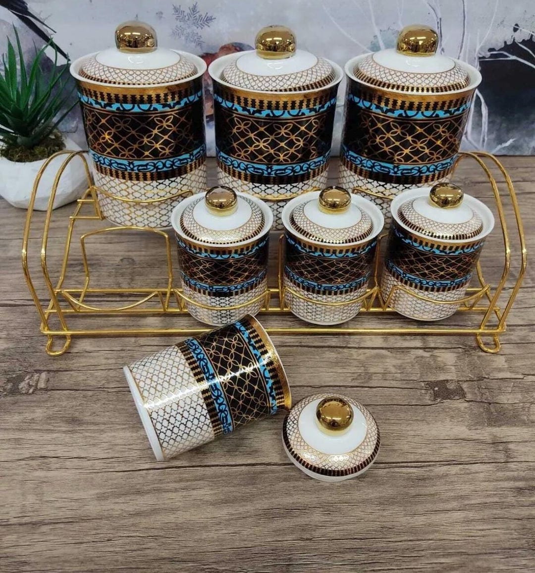 Ethnic Kitchen Decor: 7 Pcs Porcelain Spice Set With Metal Stand ...
