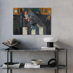 May include: An oil painting of a street scene with figures on a zebra crossing. A woman in a hat and heels holds a leash attached to a figure on the crossing. The painting hangs above a metal shelf with books, a lamp, and decorative items.