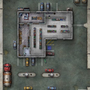 Modern tankstation, Battlemap, DnD-kaart, stad, moderne kaart, Sci-Fi Battlemap, Cyberpunk, kaarttegel, Roll20, Shadowrun, digitale kaart, rasterkaart