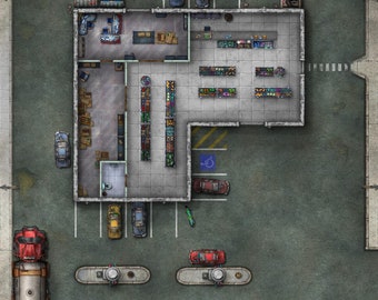 Modern Gas Station, Battlemap, DnD Map, City, Modern map, Sci fi Battlemap, Cyberpunk, map tile, Roll20, Shadowrun, Digital Map, Gridded Map