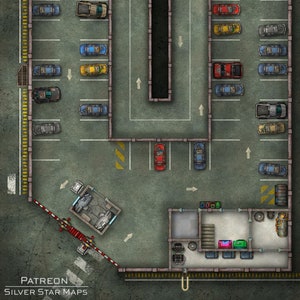 Moderne parkeerplaats Battlemap, DnD-kaart, moderne kaarten, Sci-Fi Battlemap, Cyberpunk, kaarttegel, 5e, Roll20, Shadowrun, digitale kaart, rasterkaart