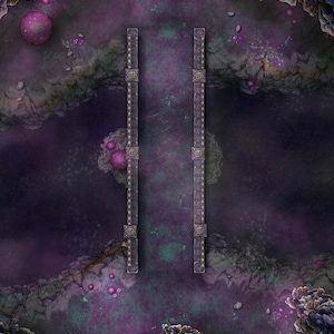 K&ouml;nnte beinhalten: Eine Fantasy-Karte mit einer Br&uuml;cke, die eine lila und gr&uuml;ne Landschaft &uuml;berspannt. Die Br&uuml;cke wird von detaillierten Steinstrukturen flankiert. Die Szene umfasst leuchtende Kugeln und Felsformationen, die eine mystische Atmosph&auml;re schaffen. Die Gesamtpalette ist dunkel mit lebendigen Akzenten.