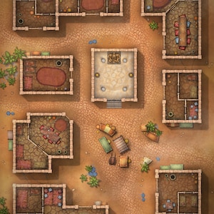 Rues de la ville du désert, plan de la ville, cartes du D&D, carte de bataille, D&D, Pathfinder, plan de la ville, Roll20, cartes quadrillées, Roll20, Dungeon Master, tuile du dnd, VTT