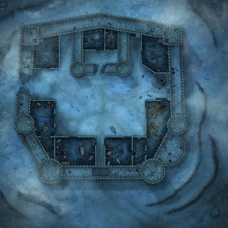 May include: A top-down view of a stone fortress with a snowy, foggy background. The fortress has a central courtyard and multiple rooms with stone walls and floors. The fortress is in a state of disrepair, with some of the walls and floors broken.