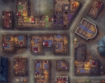 City Battlemap, DnD Map, City Streets, Town, D&D, Urban, Battlemap, RPG Map, DnD, TTRPG, 5e, Roll20, Foundry, VTT, Digital Map, Gridded Map