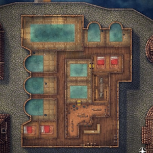 May include: Overhead view of a detailed fantasy map of a building with multiple rooms, pools, and a cobblestone exterior. The map features a wooden interior with beds, tables, and a bar area. The color palette includes shades of brown, blue, and green.
