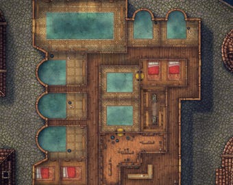 Bathhouse Battlemap, Inn, DnD Map, D&D, Battle Map, Dungeons and Dragons, 5e, Roll20, Fantasy Grounds, Foundry, VTT, Digital Map, Gridded
