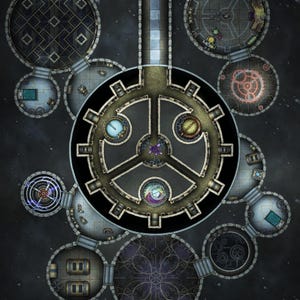 May include: A detailed illustration of a circular space station with multiple rooms, each with a unique design. The central room features a large, intricate gear system with three arms. The station is surrounded by a dark, starry background.