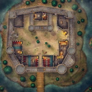 May include: A top-down view of a stone castle with a courtyard in the center. The castle has a gray stone exterior with a wooden bridge leading to the entrance. The courtyard is surrounded by buildings with windows and doors. There are trees and bushes surrounding the castle.