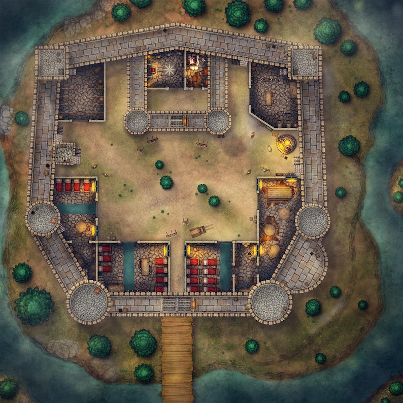 May include: A top-down view of a stone castle with a courtyard in the center. The castle has a gray stone exterior with a wooden bridge leading to the entrance. The courtyard is surrounded by buildings with windows and doors. There are trees and bushes surrounding the castle.