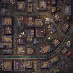 May include: A top-down digital battle map depicting a post-apocalyptic settlement with numerous rectangular buildings, debris-strewn dirt paths, and a winding canal. The layout features various structures with interior furnishings and text reading PATREON SILVER STAR MAPS.