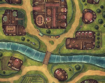 Halfling Village Battlemap, DnD Map, Farm, Town, D&D, Battlemap, RPG Map, TTRPG, 5e, Roll20, Foundry, Dungeon Master, Gridded Map
